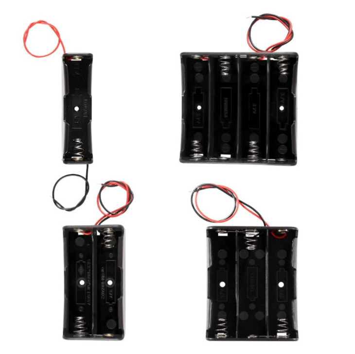 18650 battery case holder with lead wire bundle, 4 pcs diy battery storage boxes, 1 slots, 2 slots, 3 slots, 4 slots in parallel black plastic batteries case with pin,battery compartment for 18650 cells